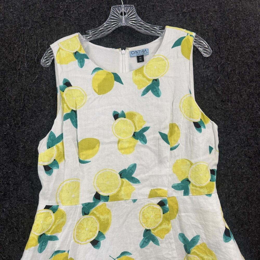 Cynthia Rowley Dress Women's 14 White Lemon Print Linen Fit Flare Pockets Fruit - Picture 2 of 8